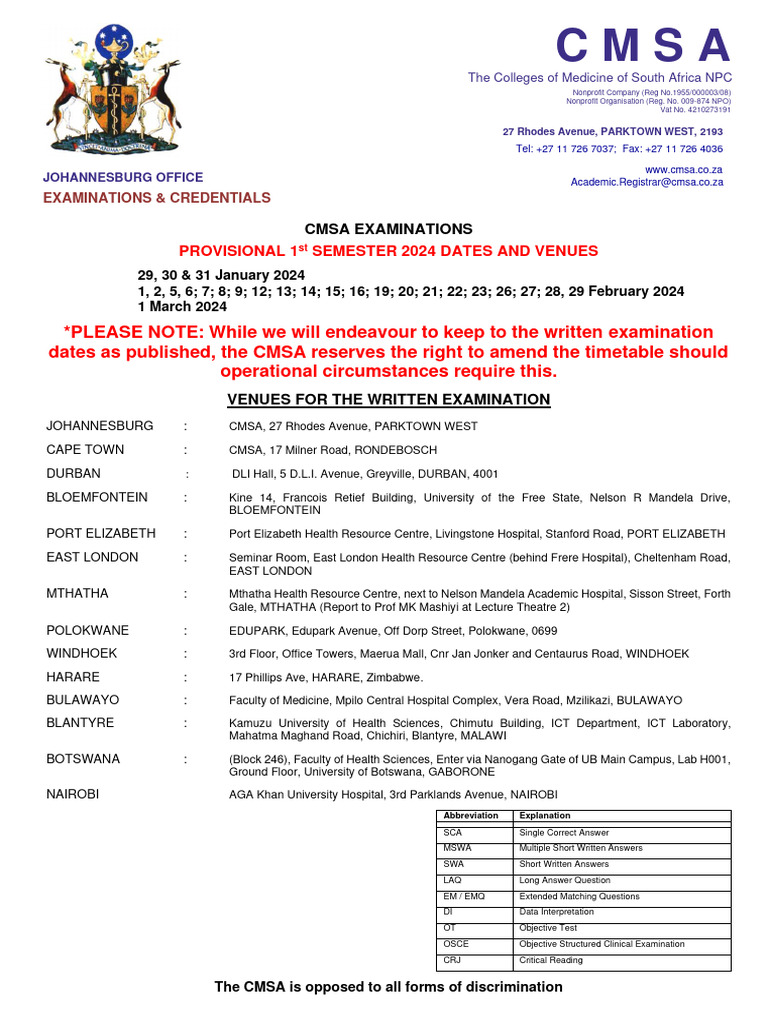 Timetable For Current Examinations 25 1 2024 | PDF | Medicine | Health Care