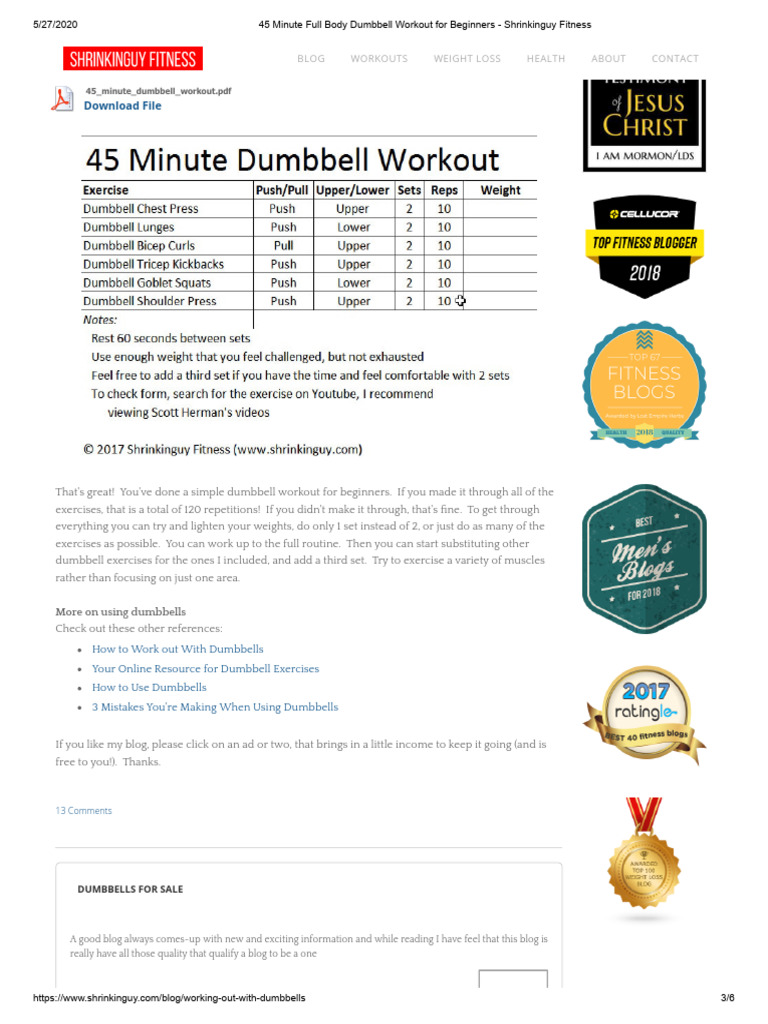 45-Minute Full Body Dumbbell Workout | PDF | Weight Training | Strength ...