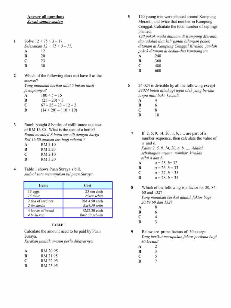 Soalan Matematik Tingkatan 1 Pdf