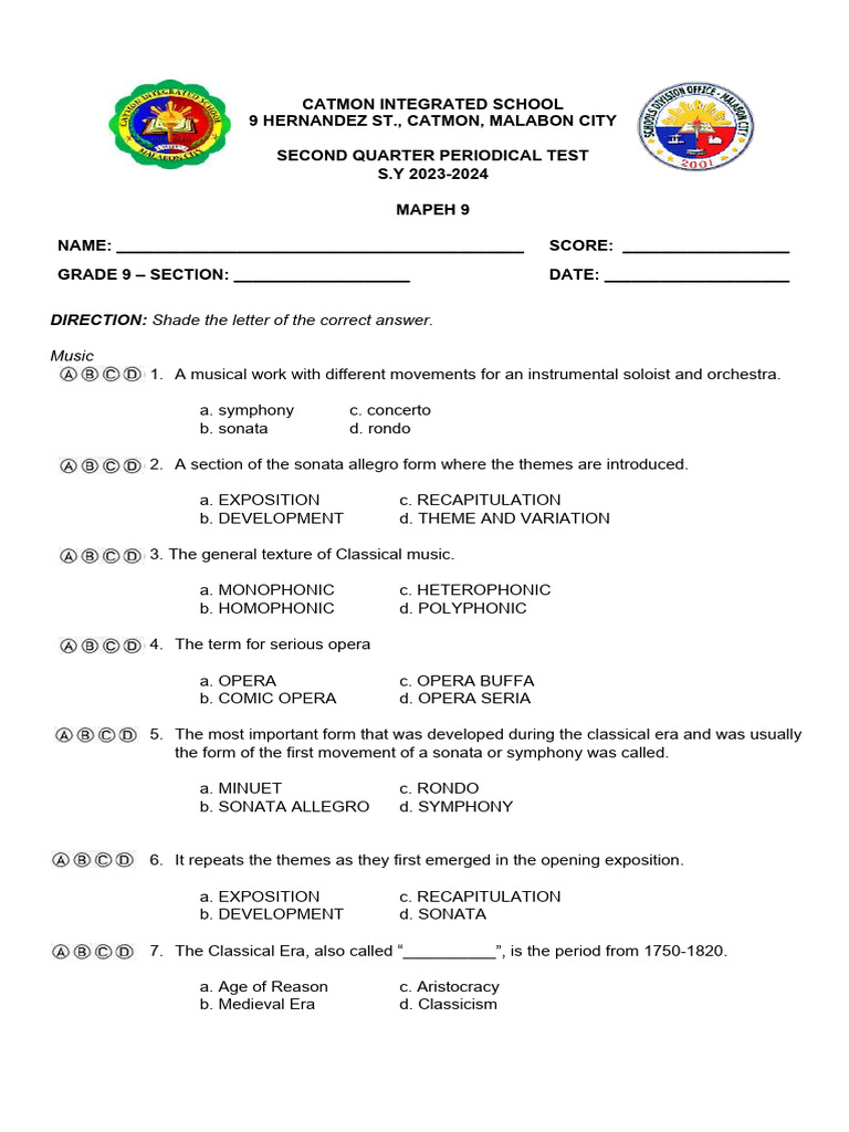 Second Periodical Examination 23 24 Pdf Classical Period Music