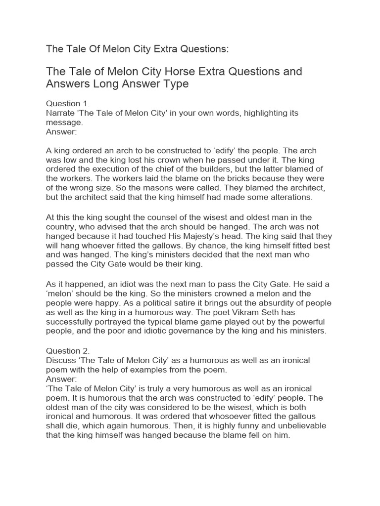 The Tale of Melon City Extra Questions PDF Humour