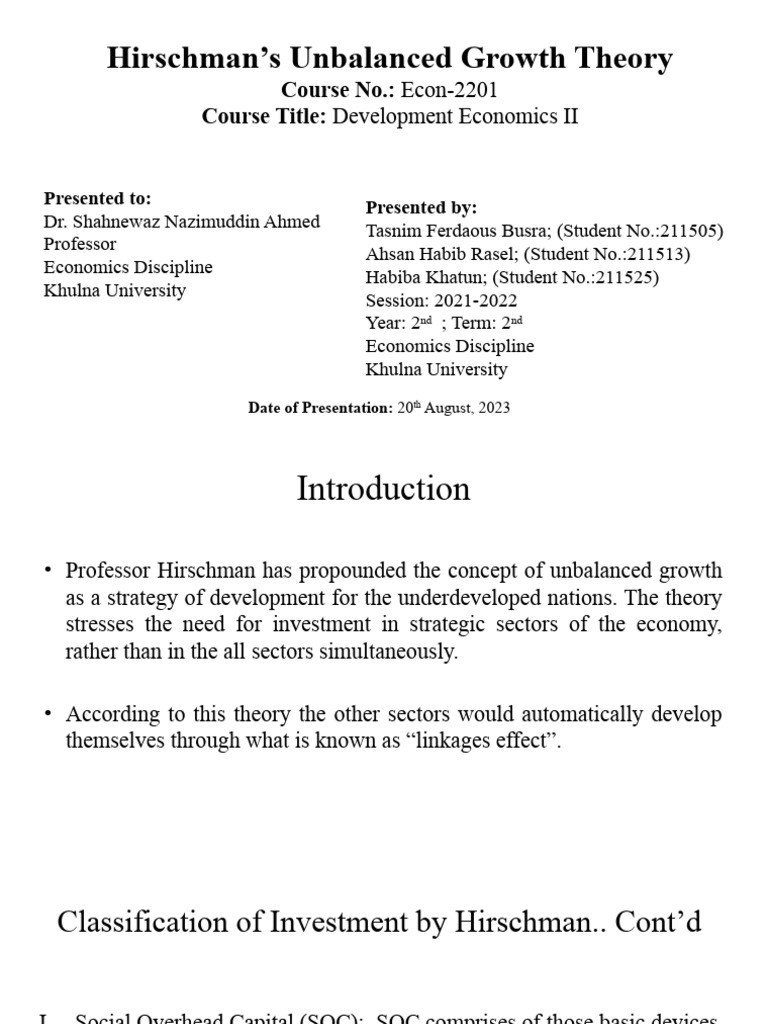 Hirschman's Unbalanced Growth Theory | PDF | Economic Growth | Economics