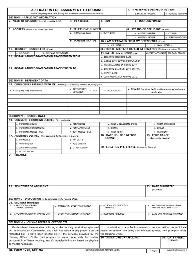 DD Form 1746 Housing Application Guide | PDF