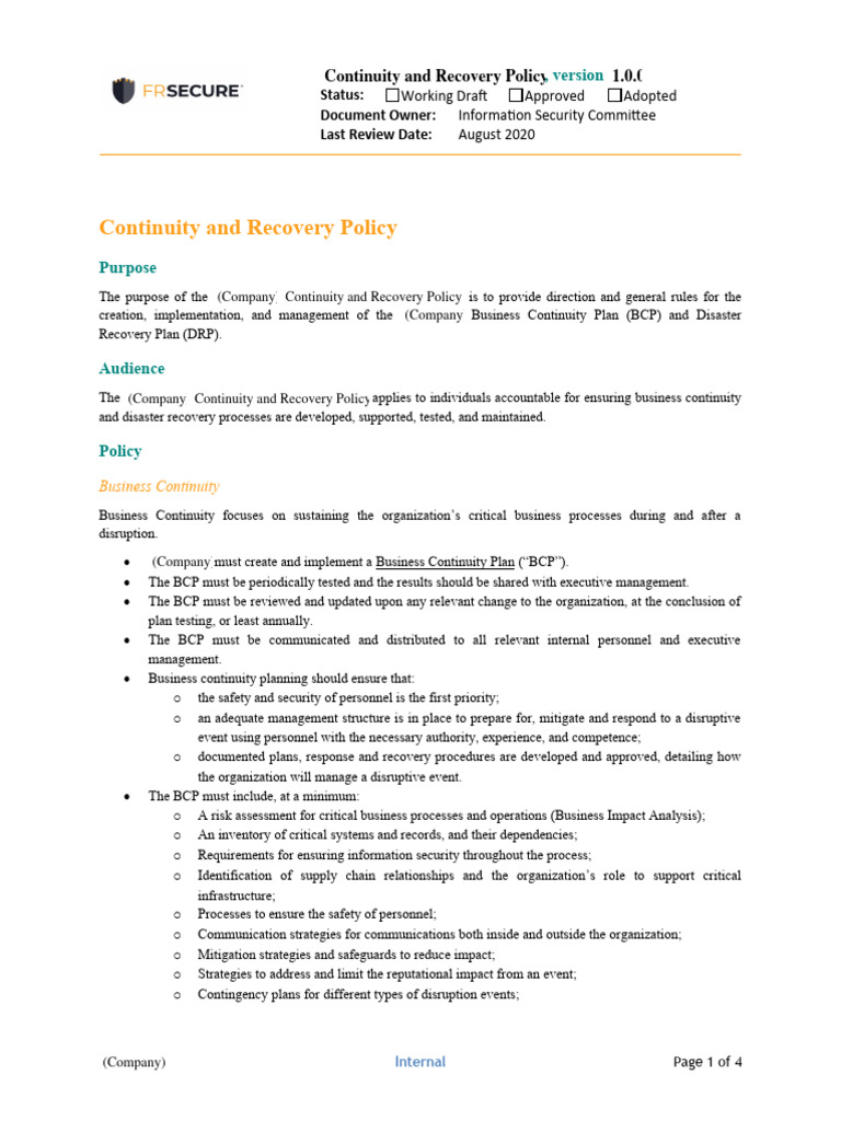 Continuity and Recovery Policy Template PDF Disaster Recovery
