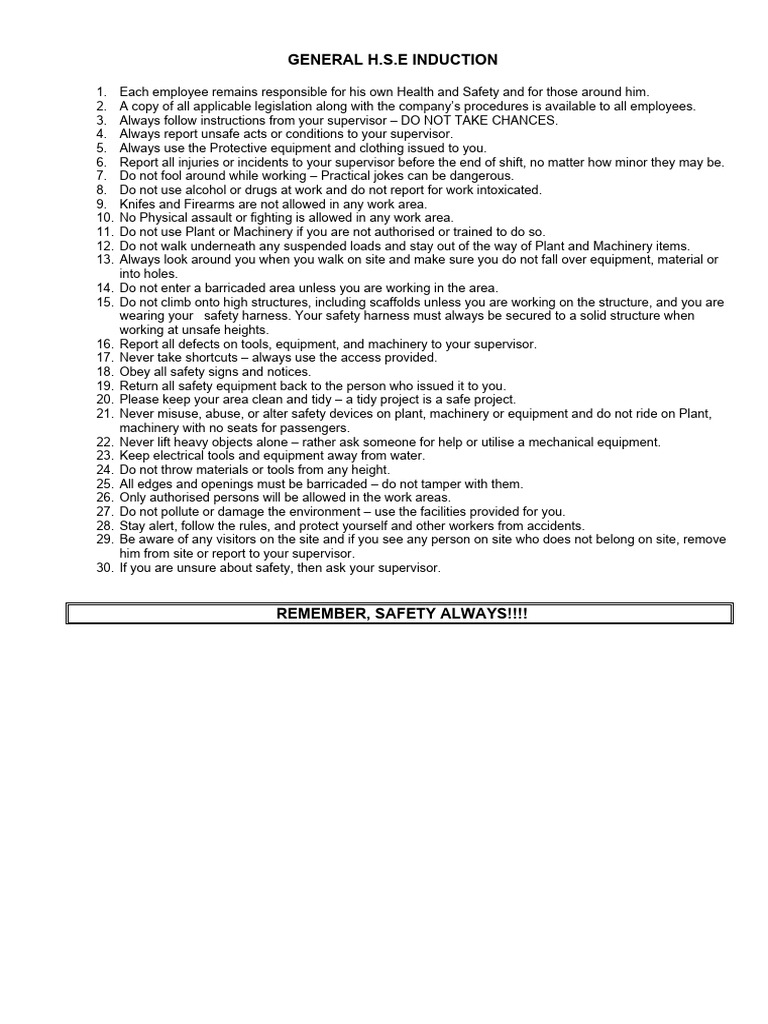 Essential Health and Safety Induction Guide | PDF | Occupational Safety ...