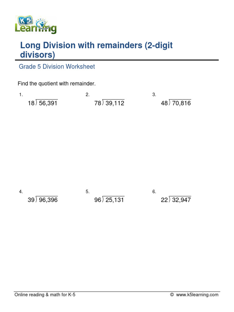 Grade 5 Long Division 2 Digit With Remainder D | PDF | Teaching Methods & Materials | Computers for Free Printable Long Division Worksheets With Remainders