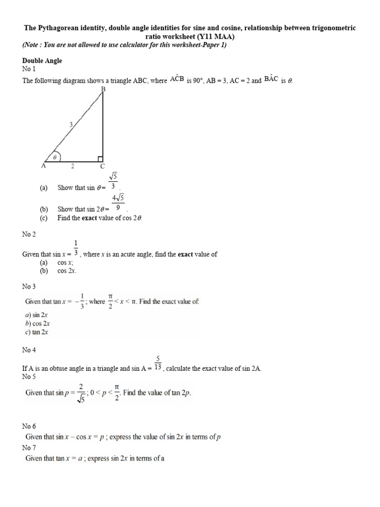 Worksheet 4 The Pythagorean Identity Double Angle and Relationship in