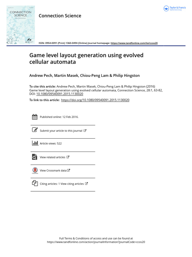Game Level Layout Generation Using Evolved Cellular Automata Download