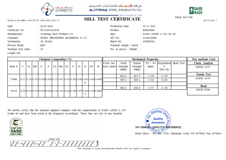 MTC for REBAR60 from Al-Ittefaq Steel | PDF | Civil Engineering ...