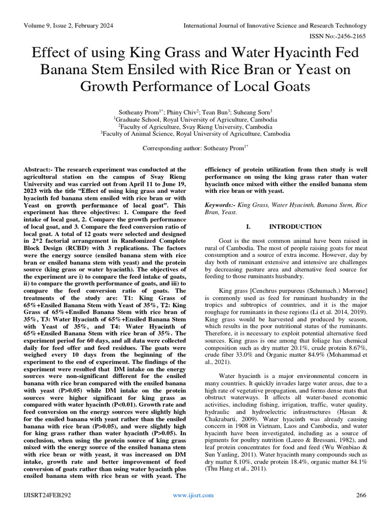 Effect of Using King Grass and Water Hyacinth Fed Banana Stem Ensiled