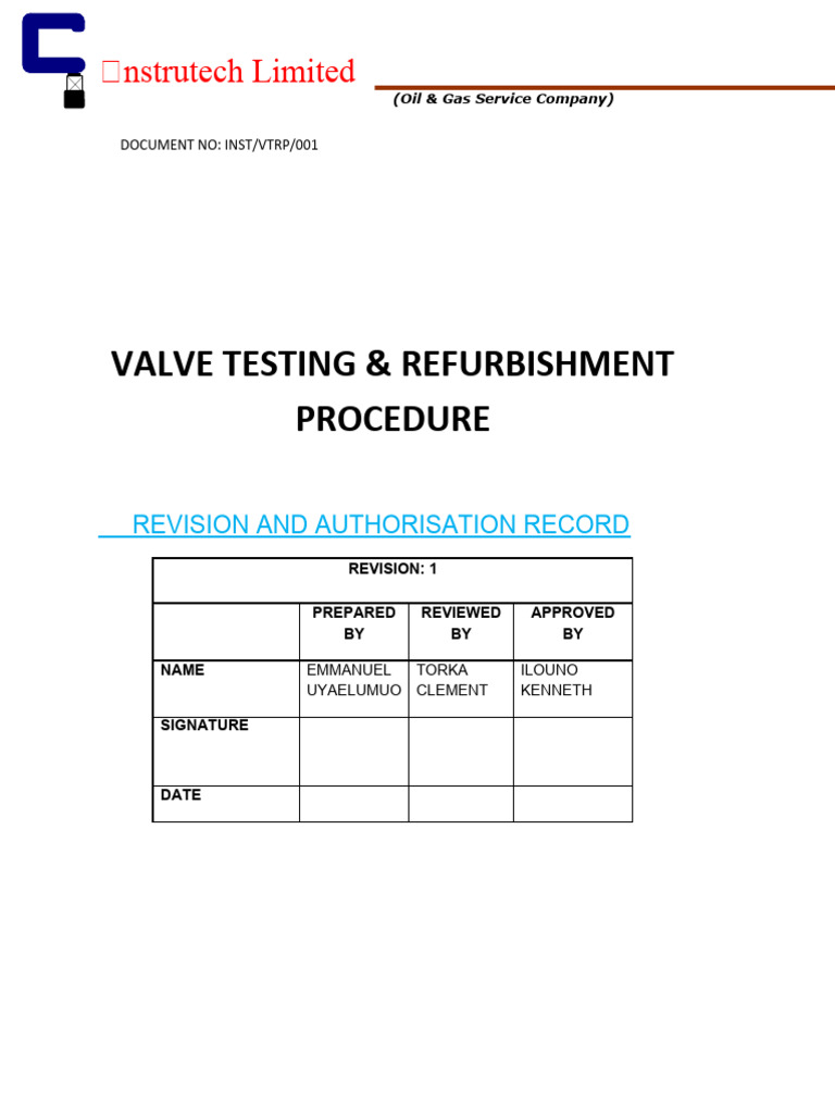 Hydrotesting of VALVE AND REFURBISHMENT PROCEDURE PDF Valve Leak