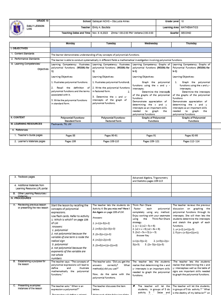 Polynomial Functions: Week 1 Lessons | PDF | Function (Mathematics ...