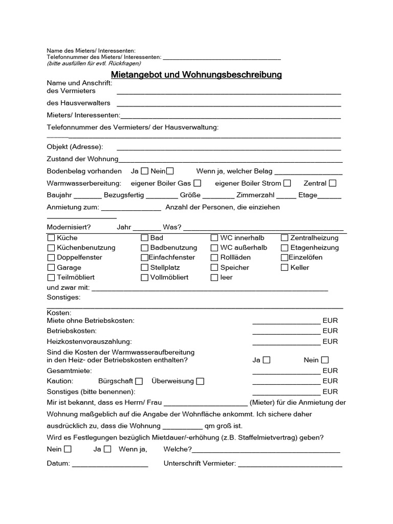 Mietangebot Und Wohnungsbeschreibung | PDF