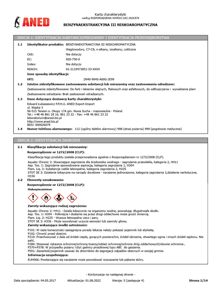 Karta Charakterystyki 'BENZYNAEKSTRAKCYJNA III NISKOAROMATYCZNA' PDF