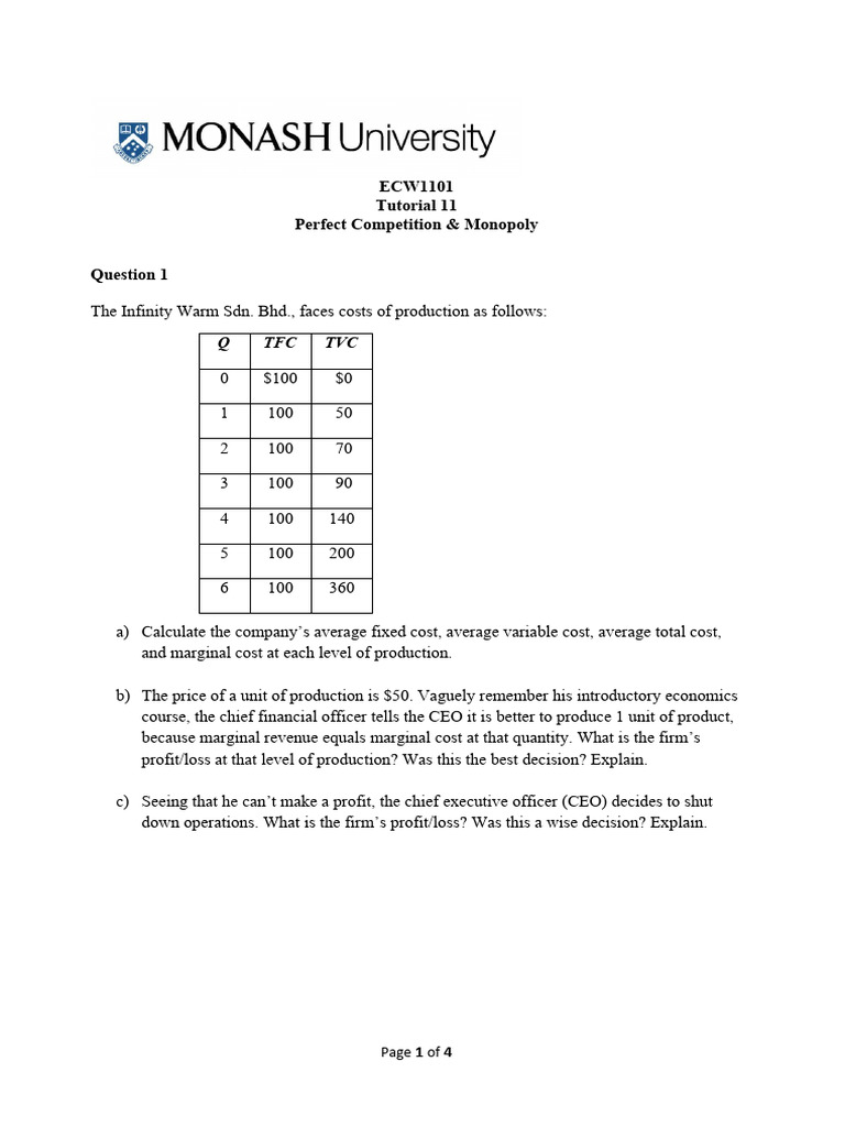 Tutorial 11 week 11q pdf long run and short run monopoly