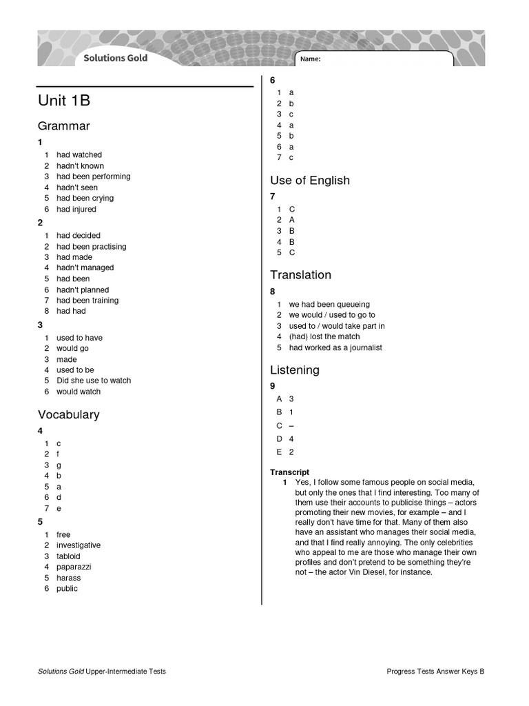 U1 Progress Tests B Answer Key Pdf