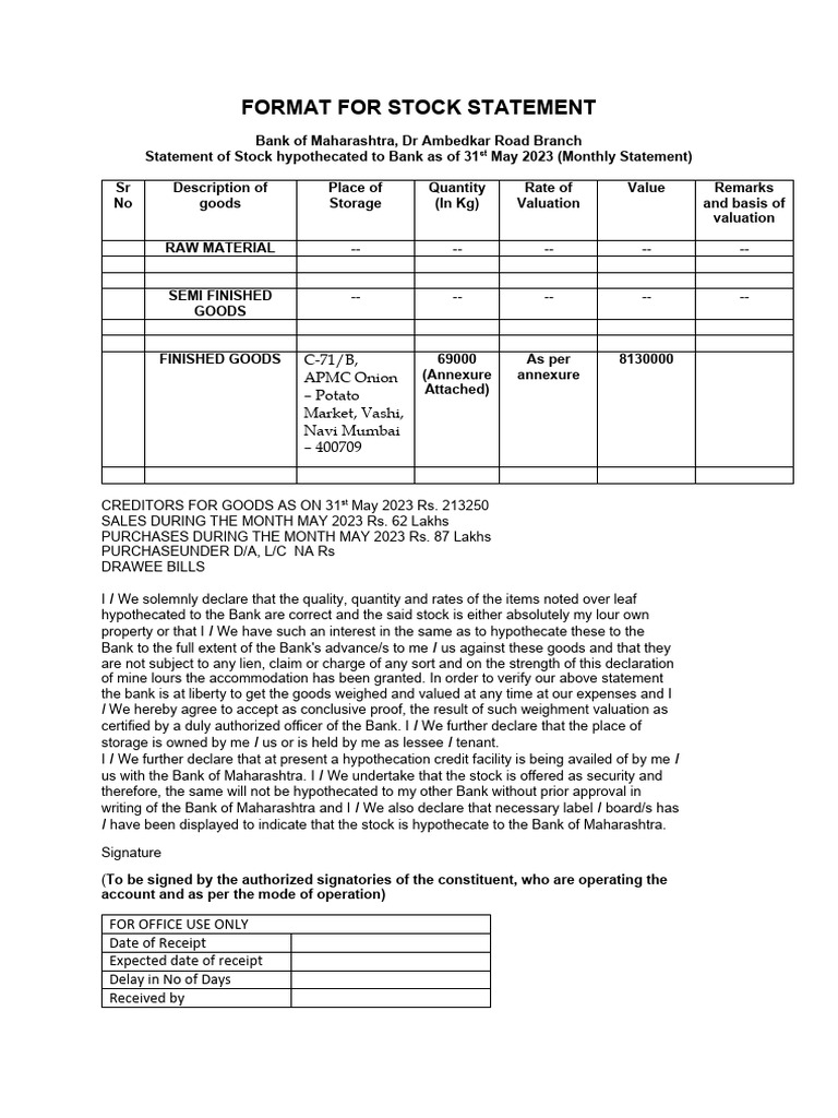 Stock Statement for Bank of Maharashtra | PDF | Banks | Valuation (Finance)