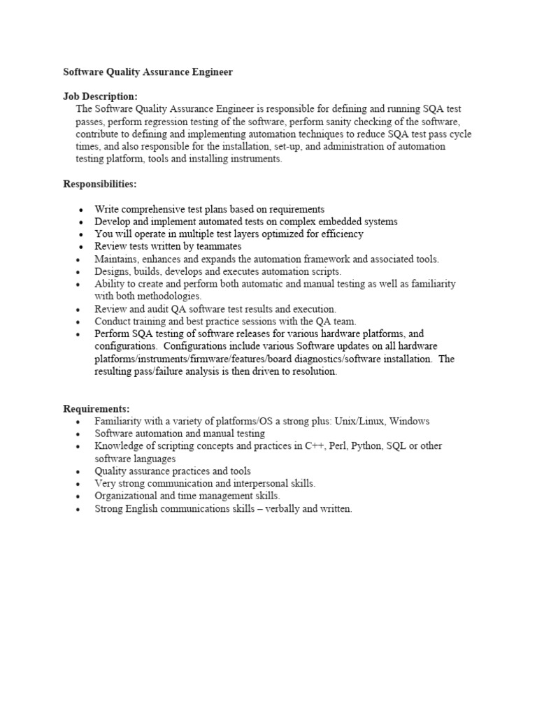 Job Description SQA Engineer PDF