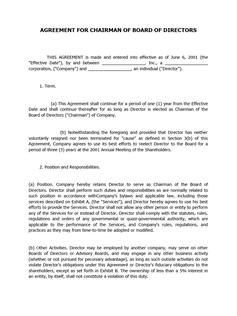 Chairman of Board Agreement Template | PDF | Stocks | Board Of Directors