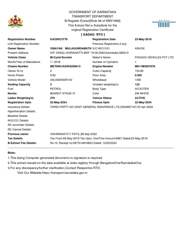 Karnataka Vehicle B-Register Extract | PDF | Vehicle Technology ...