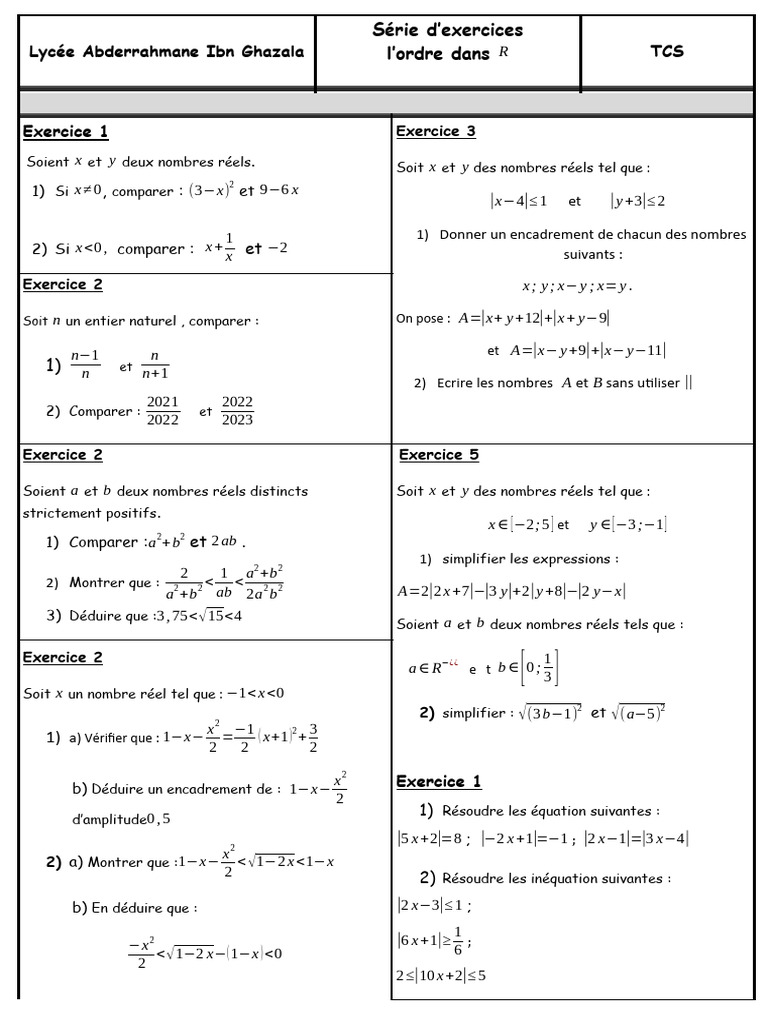 Exercices corrigés : Ordre dans R | PDF