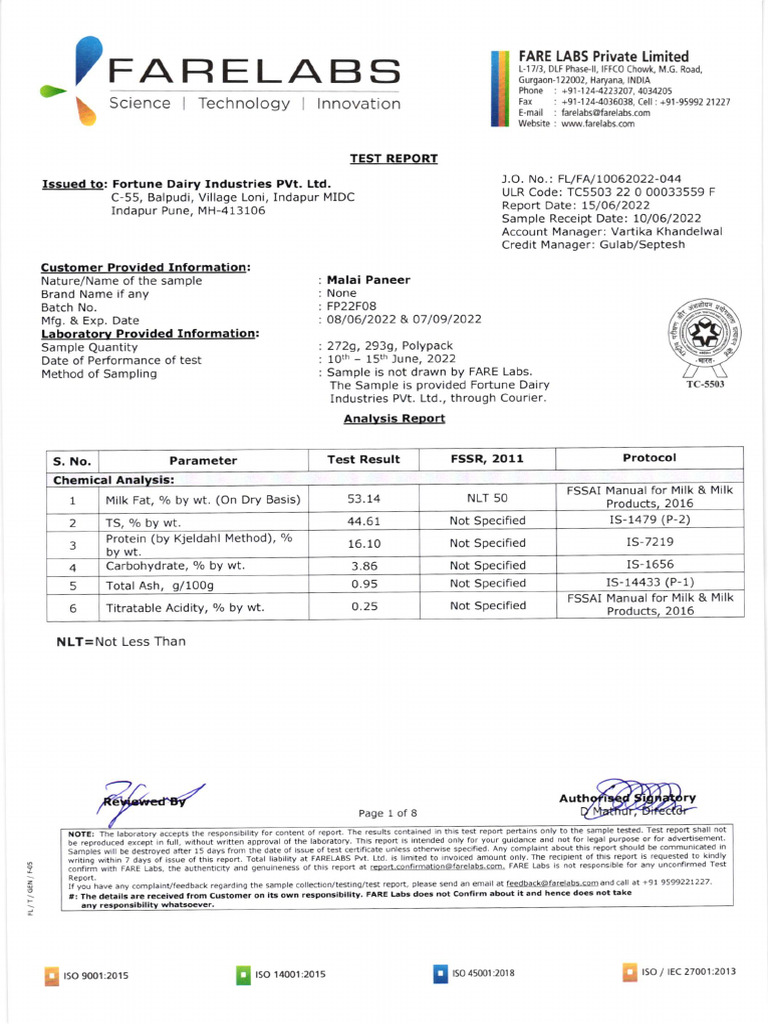 Paneer Quality Analysis Report | PDF | Chemical Compounds | Chemical ...