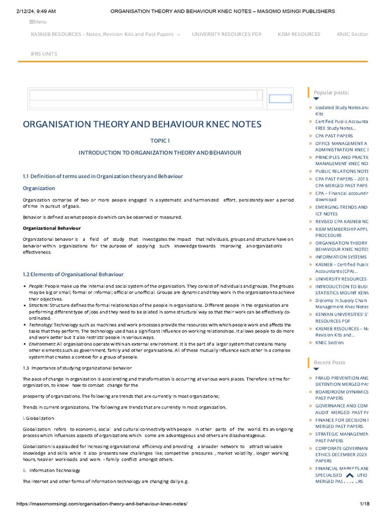 KNEC Organization Theory Notes | PDF | Motivation | Motivational