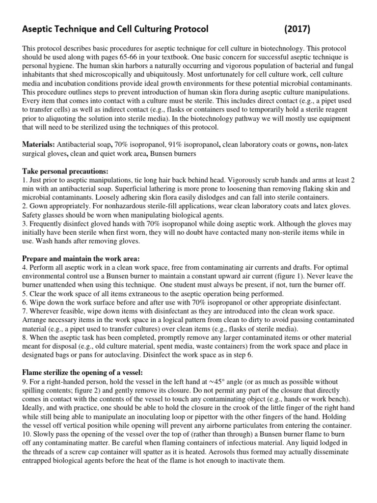 Aseptic Technique Biotech Protocol 2017 Pdf Sterilization