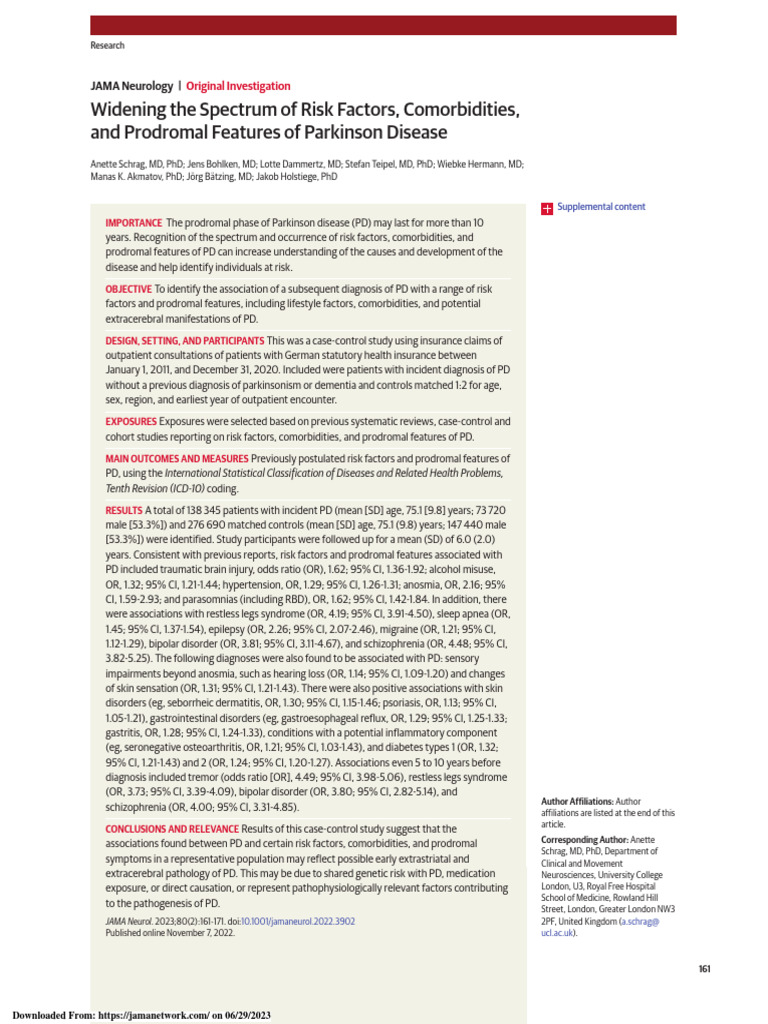 Risk Factors and Prodromal Features of Parkinson's | PDF | Parkinson's ...