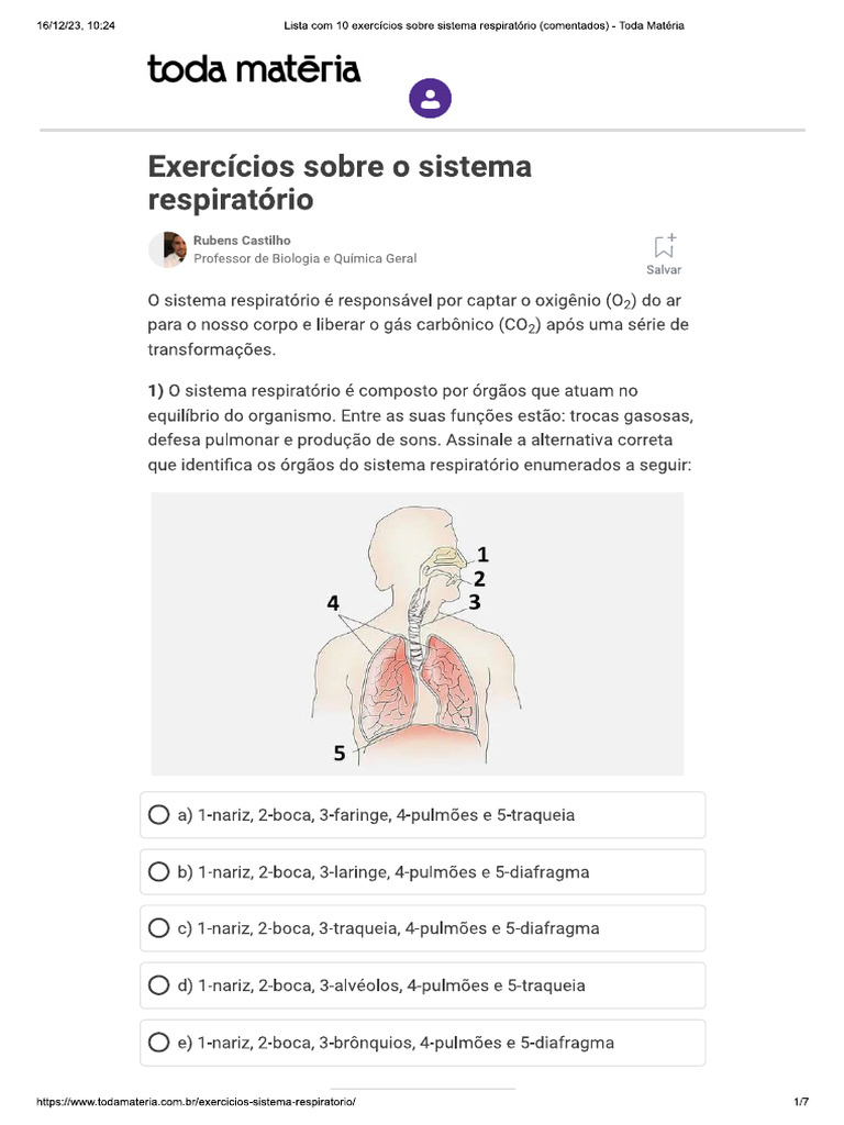Exercícios Sobre o Sistema Respiratório | PDF