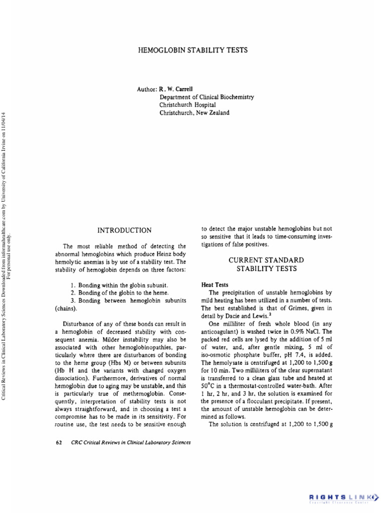 Hemoglobin Stability Testing Methods | PDF | Hemoglobin | Red Blood Cell
