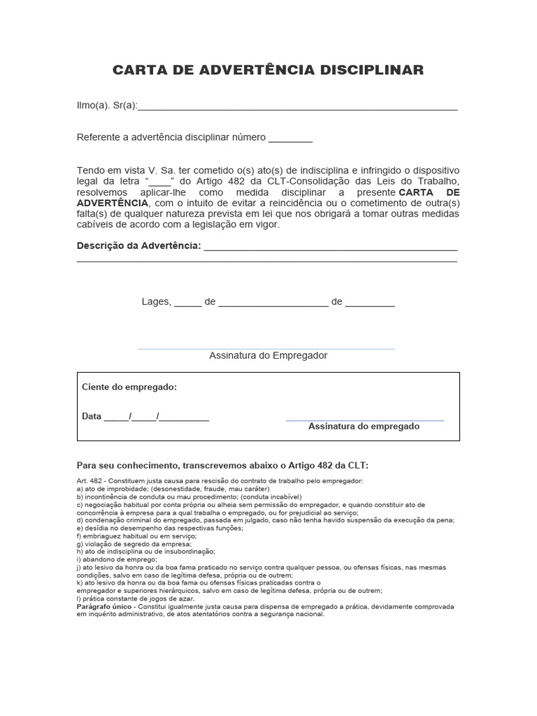 Advertência Disciplinar CLT | PDF