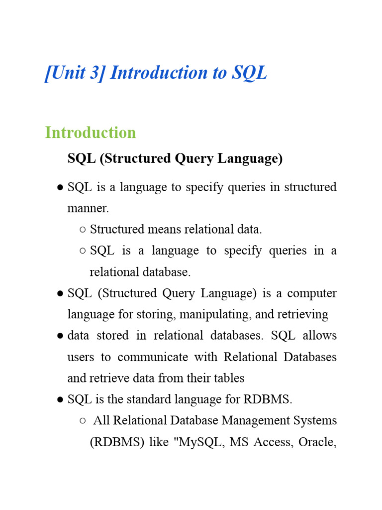 (Unit 3) Introduction To SQL: SQL (Structured Query Language) | PDF ...