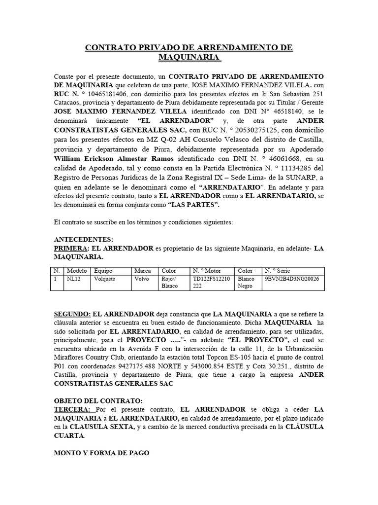 CONTRATO DE ALQUILER DE RETROEXCAVADORA | PDF | Bancos | Judicaturas