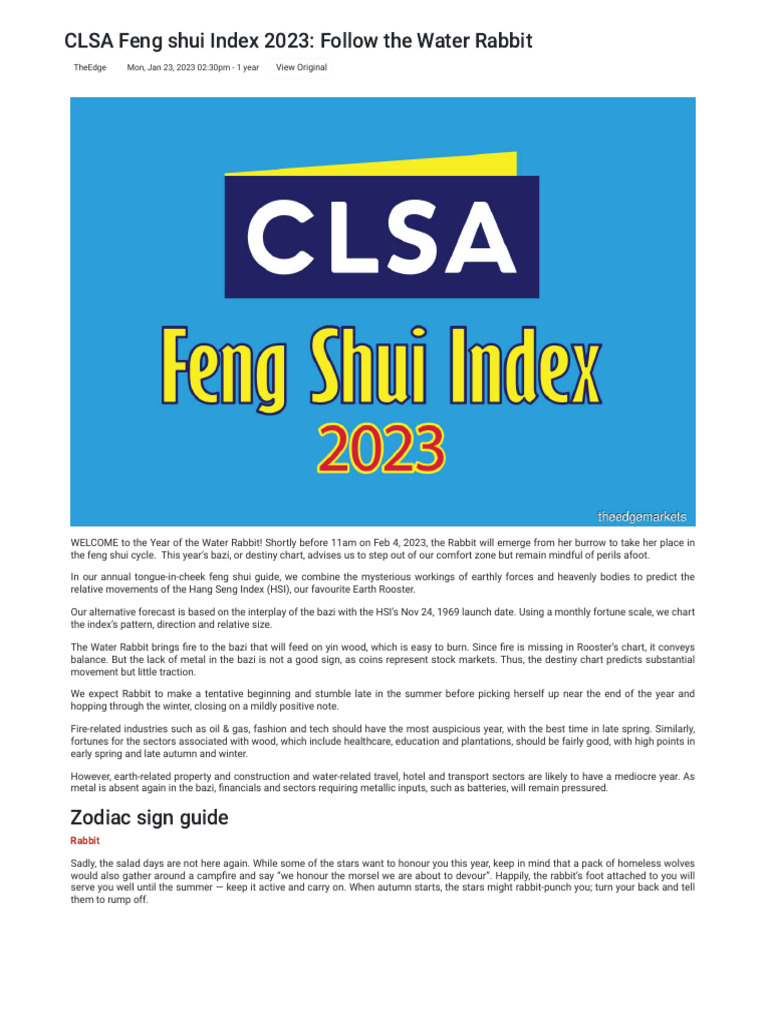 CLSA Feng Shui Index 2023 Follow The Water Rabbit KLSE Screener PDF