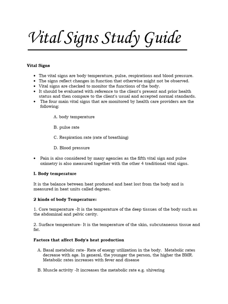 Vital Signs Study Guide Overview | PDF | Blood Pressure | Pulse