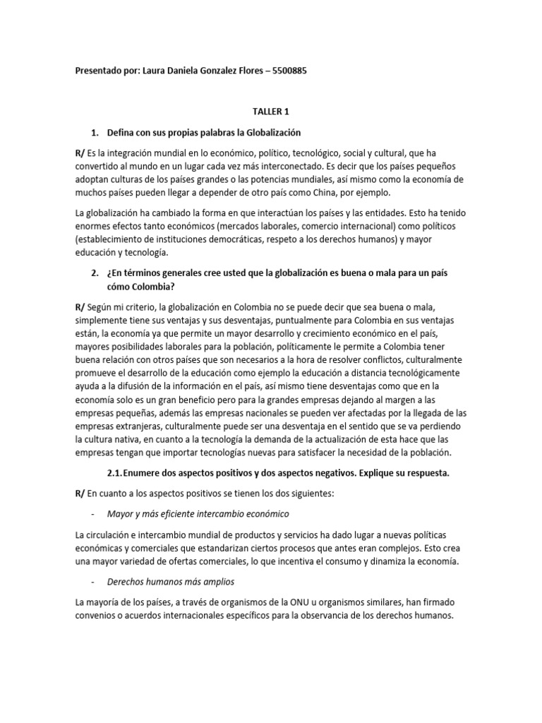 TALLER 1 Y 2 Daniela Gonzalez | PDF | Globalización | Business