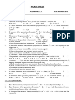 Work Sheet: Class - X Polynomials Sub: Mathematics