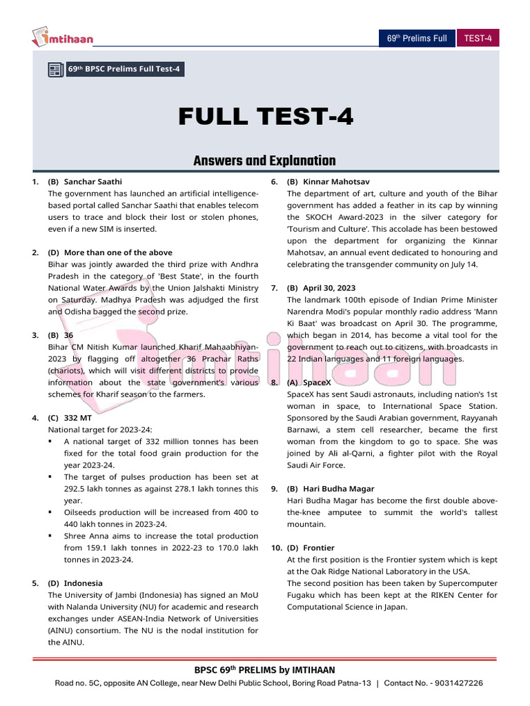 BPSC 69th Prelims Test-4 Overview | PDF | Science & Mathematics