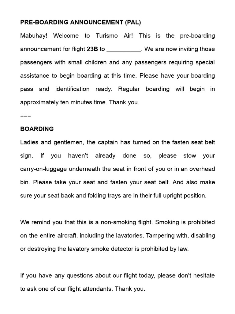 Inflight Announcement Pdf Flight Attendant Aviation