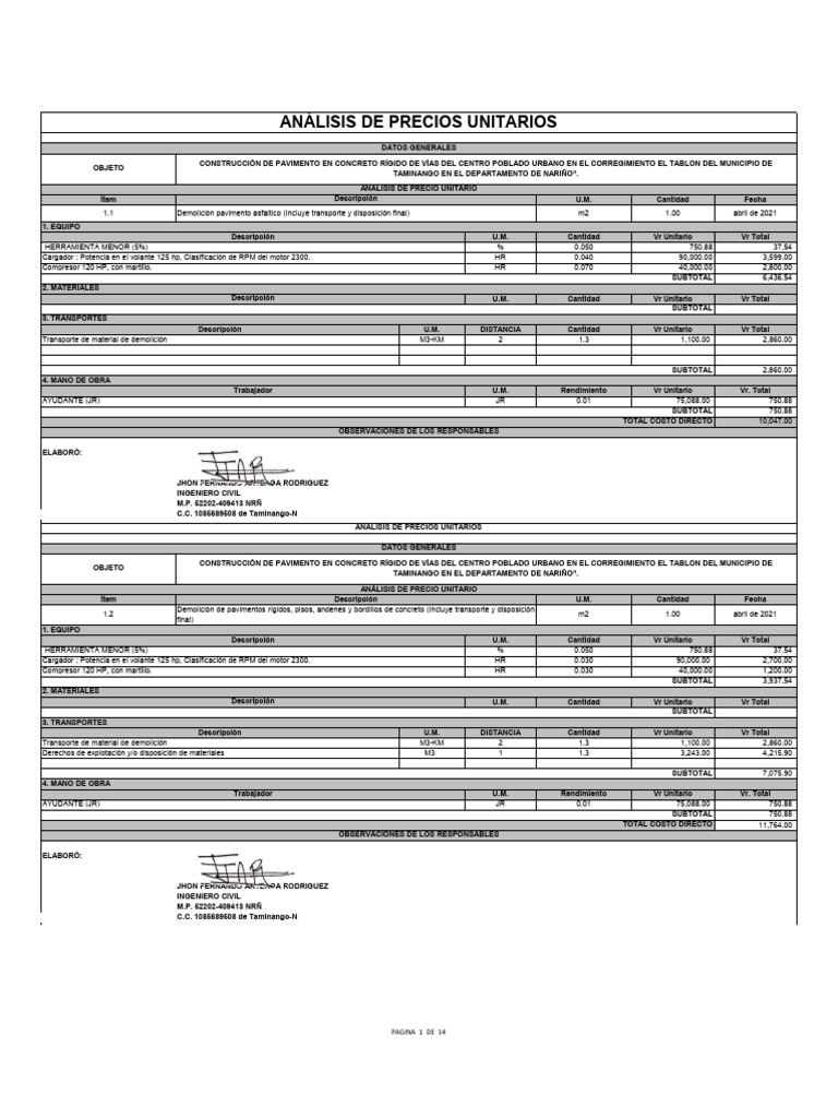 5.0 APUs | PDF | Ingeniero civil | Materiales