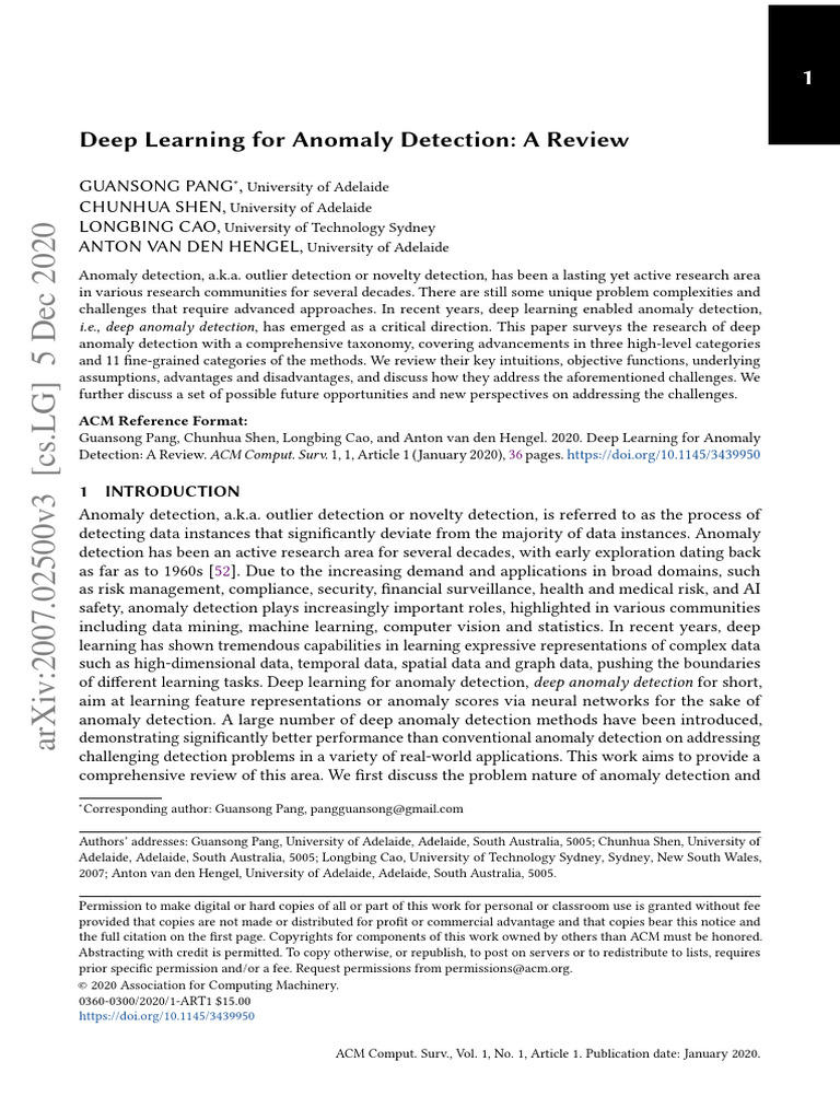 Deep Learning For Anomaly Detection: A Review: Guansong Pang, Chunhua ...