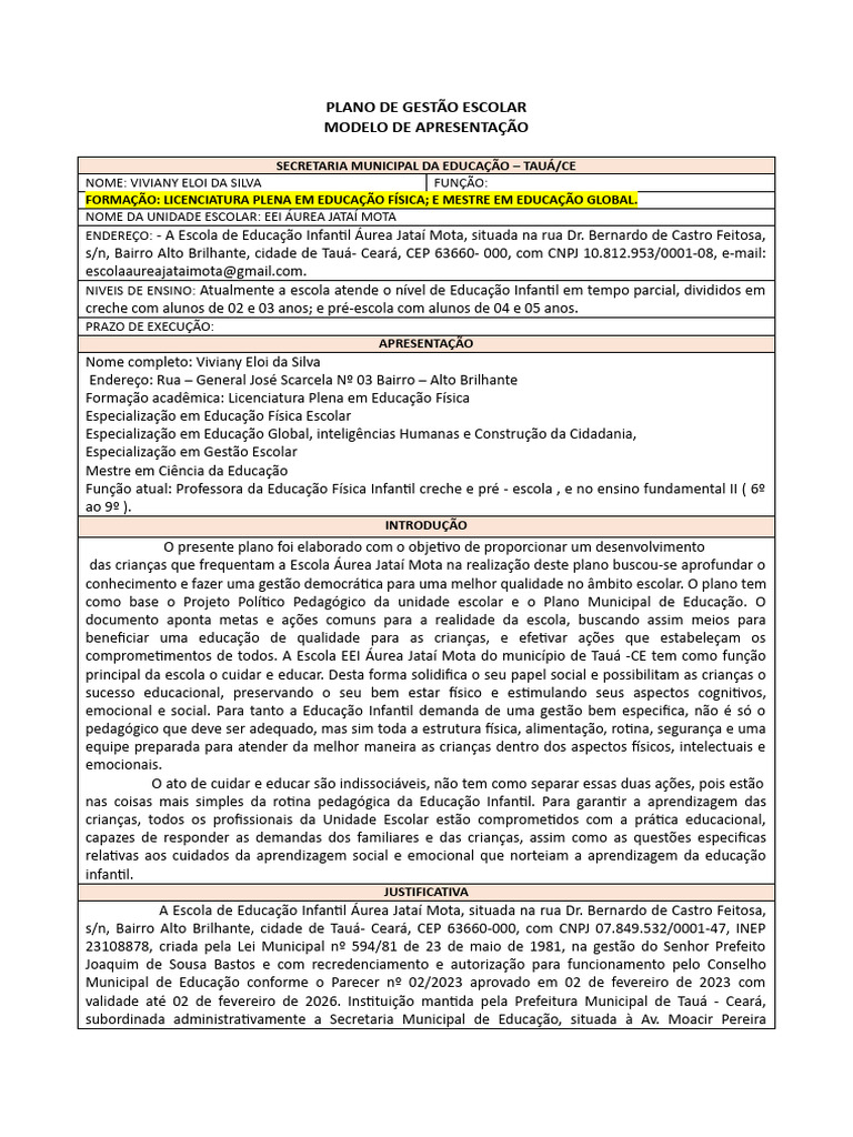 Plano de Gestão Escolar | PDF | Pedagogia | Pré-escola