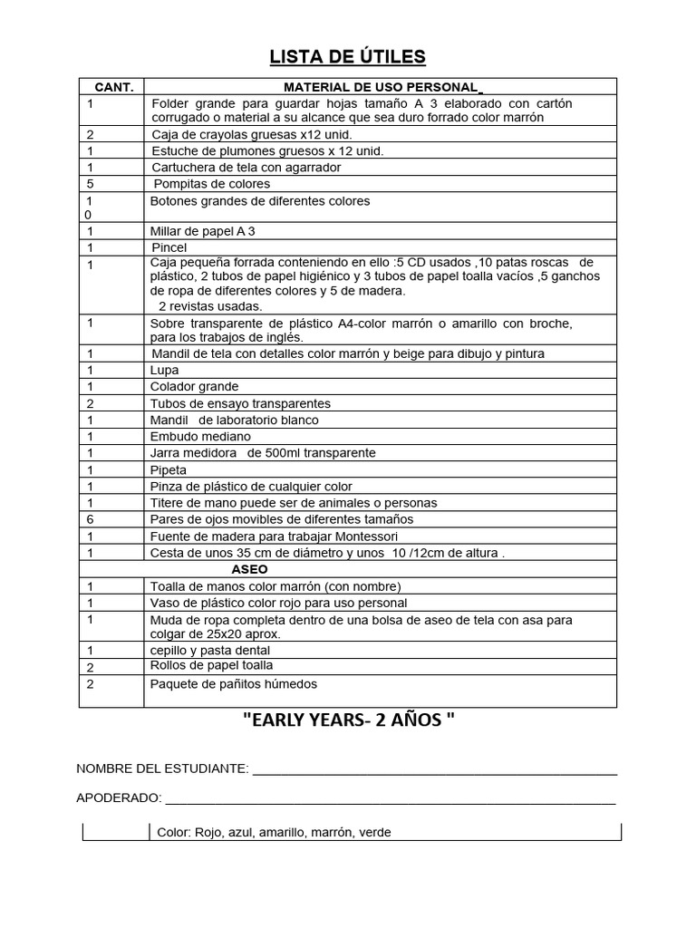 Lista de Útiles Escolares 2 Años | PDF | Papel
