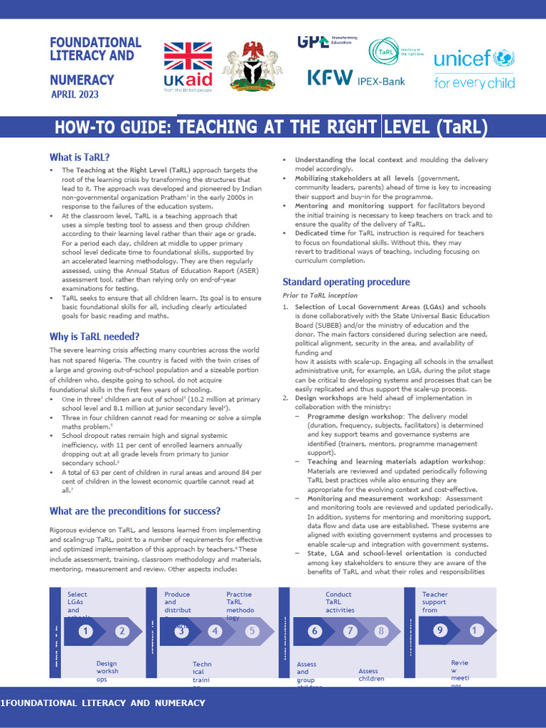 UNICEF Nigeria How-To-Guide - Teaching at The Right Level (TaRL) | PDF