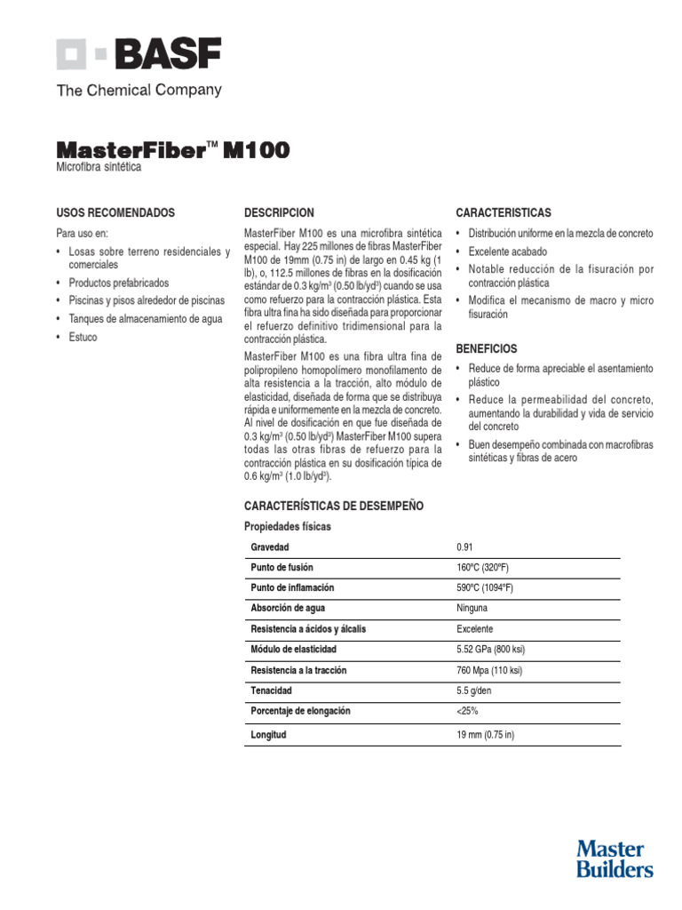 MasterfiberM100 SP | PDF | Hormigón | Ciencia de los Materiales