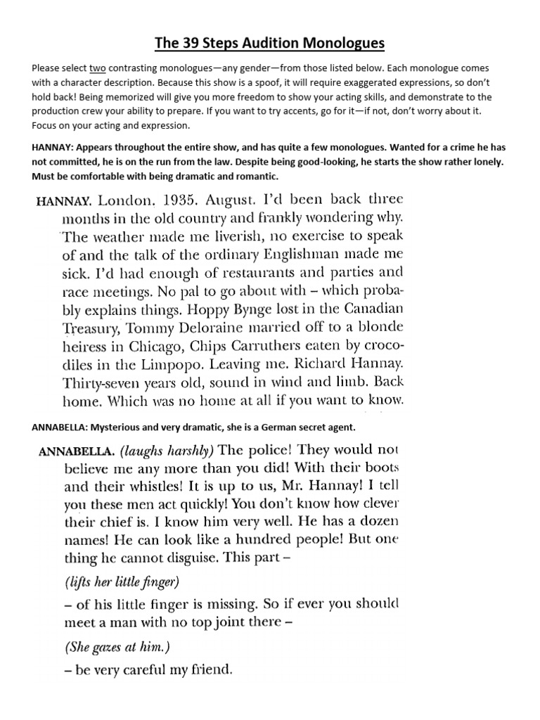 The 39 Steps Audition Monologues | PDF