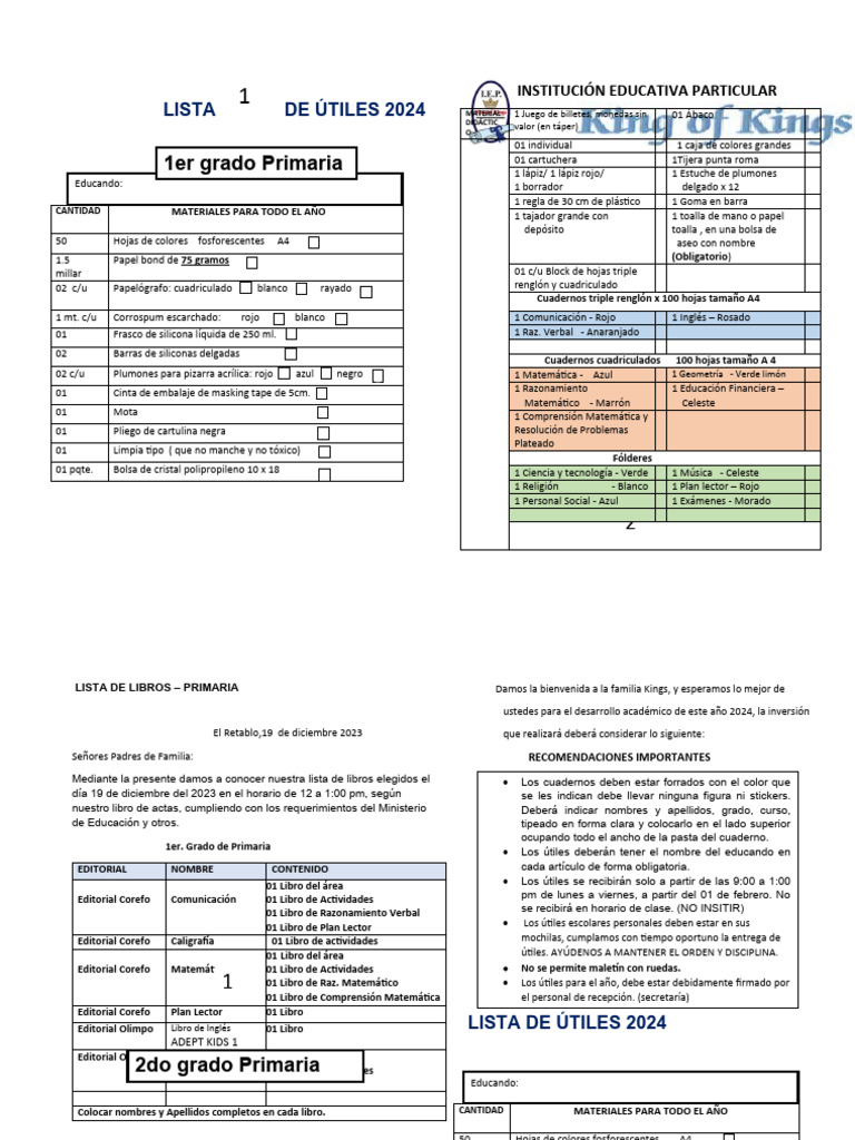Lista de Útiles 2024 para Primaria | PDF | Rojo | Color