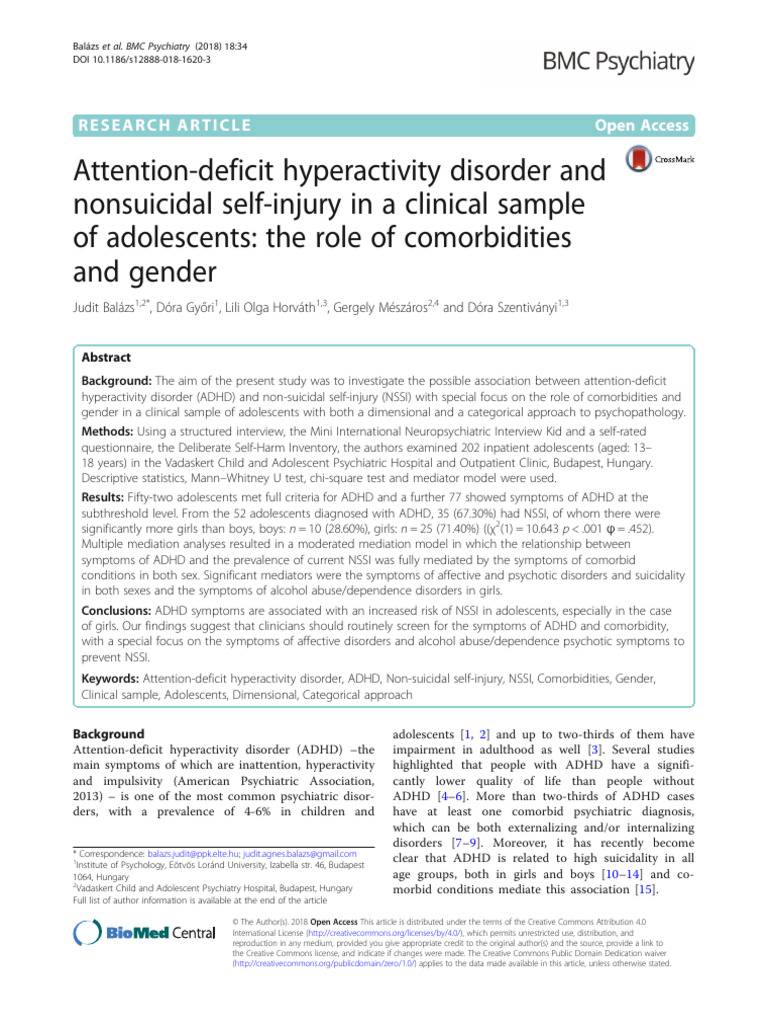 ADHD and NSSI in Adolescents: Gender Roles | PDF | Attention Deficit ...