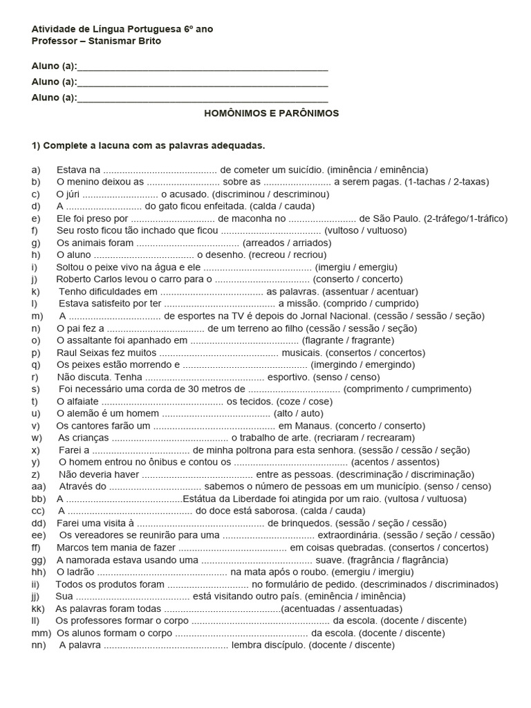 Atividade de Língua Portuguesa 6º Ano HOMONIMOS | PDF